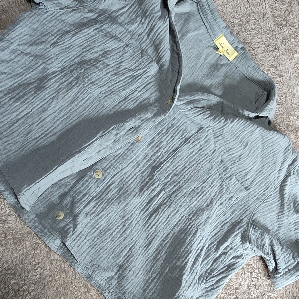 Love Notes Pale Blue Crinkled Button-Up Top